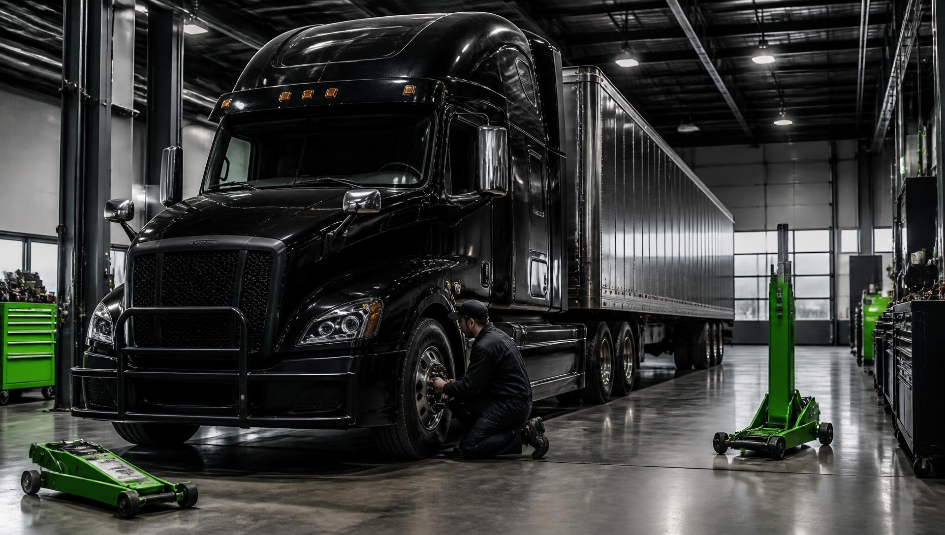 Semi truck in a professional repair bay